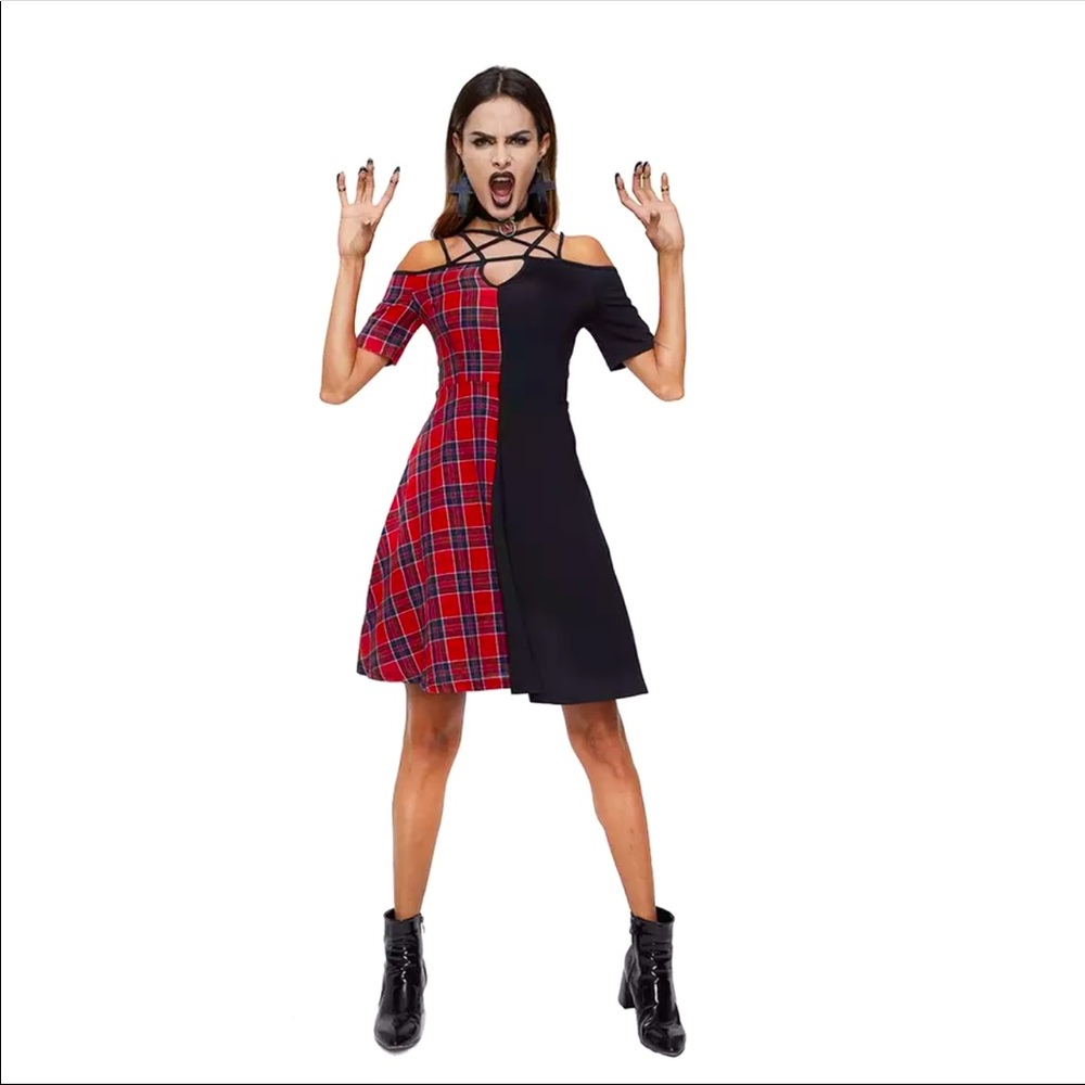 Women Plaid Dress Vintage Red Black Patchwork Dres